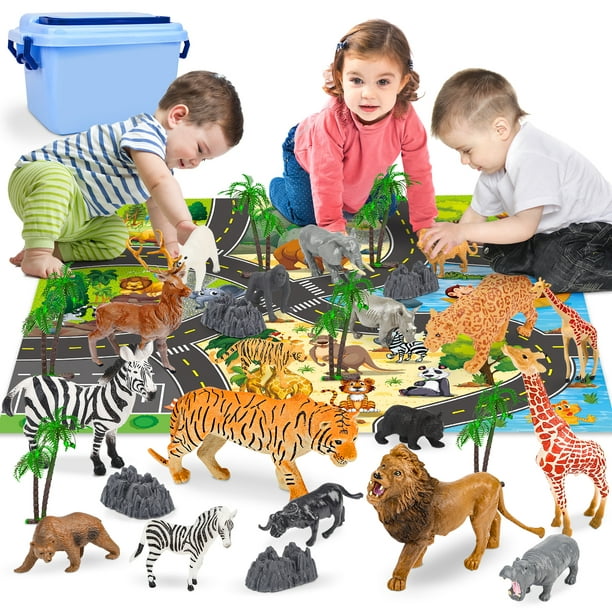 Sanlebi Safari Animal Figurines Toys for Toddlers - 30 PCS Realistic Jungle  Animals Toy Set with Activity Play Mat and Storage Box Gifts for Kids -  