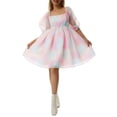 thumbnail image 3 of Vestido de princesa de tul con mangas abullonadas de Tsseiatte para mujer, minivestido de hada con teñido anudado y hombros descubiertos, vestido de fiesta de noche de corte A, 3 of 8