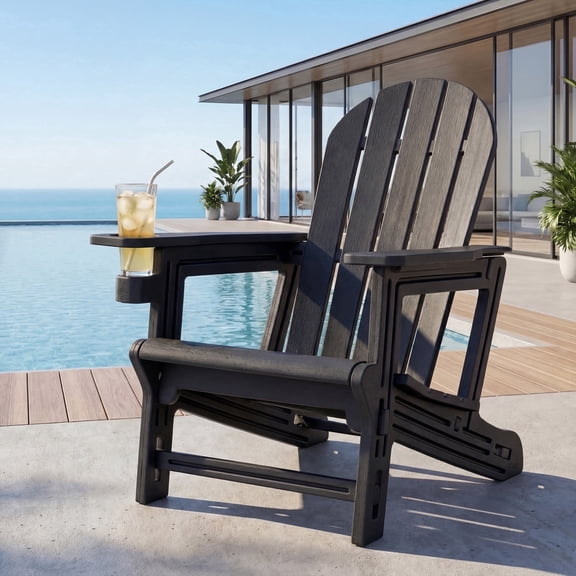 FOROUTIA Adirondack Chair with Cup Holder, Weather Resistant HDPE Outdoor Patio Chair, 330 LBS Support, Easy Assembly, Black, for Patio, Garden, Poolside, Backyard, Deck
