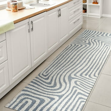 JONATHAN Y WSH309A-28 Maze Abstract Two-Tone Low-Pile Machine-Washable Blue/Cream 2 ft. x 8 ft. Runner Rug, Bohemian, Pet Friendly, Stain Resistant, Easy to Clean, for Living Room; Kitchen, Bedroom