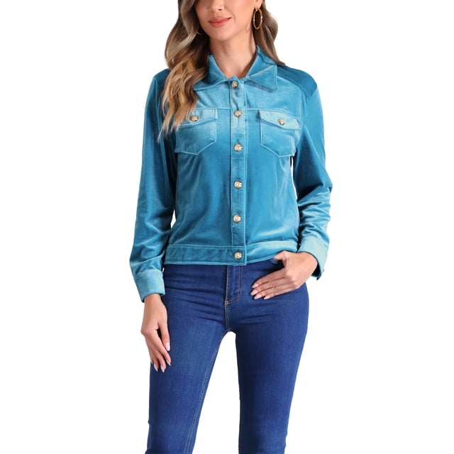 INSPIRE CHIC Women's Velvet Jacket Button Up Long Sleeve Crop Jackets M Peacock Blue