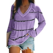 Lumento Long Sleeve V-Neck Striped Tunic T-Shirts For Women Loose Pullover Blouse Tops Lounge Wear Shirts Tops Size S-5XL