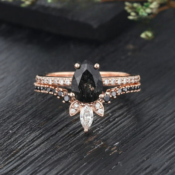 Pear Black Rutilated Quartz Engagement Ring Set IN 14K Rose Gold Vermeil- Vintage Diamond Black Onyx Promise Marriage Bridal Anniversary Set