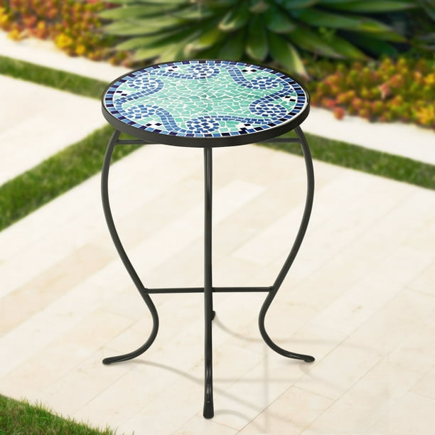 Teal Island Designs Ocean Wave Mosaic Black Iron Outdoor Accent Table