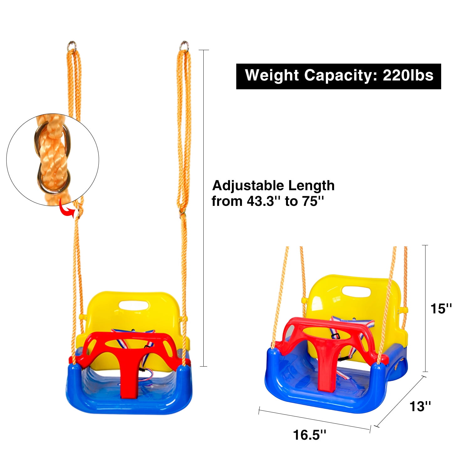 REDCAMP 3-in-1 High Back Baby Swing Seat, Toddler Swing, Indoor Outdoor, Adjustable Height, Anti-Flip, Kids Tree Swing Seat for Outside Playground