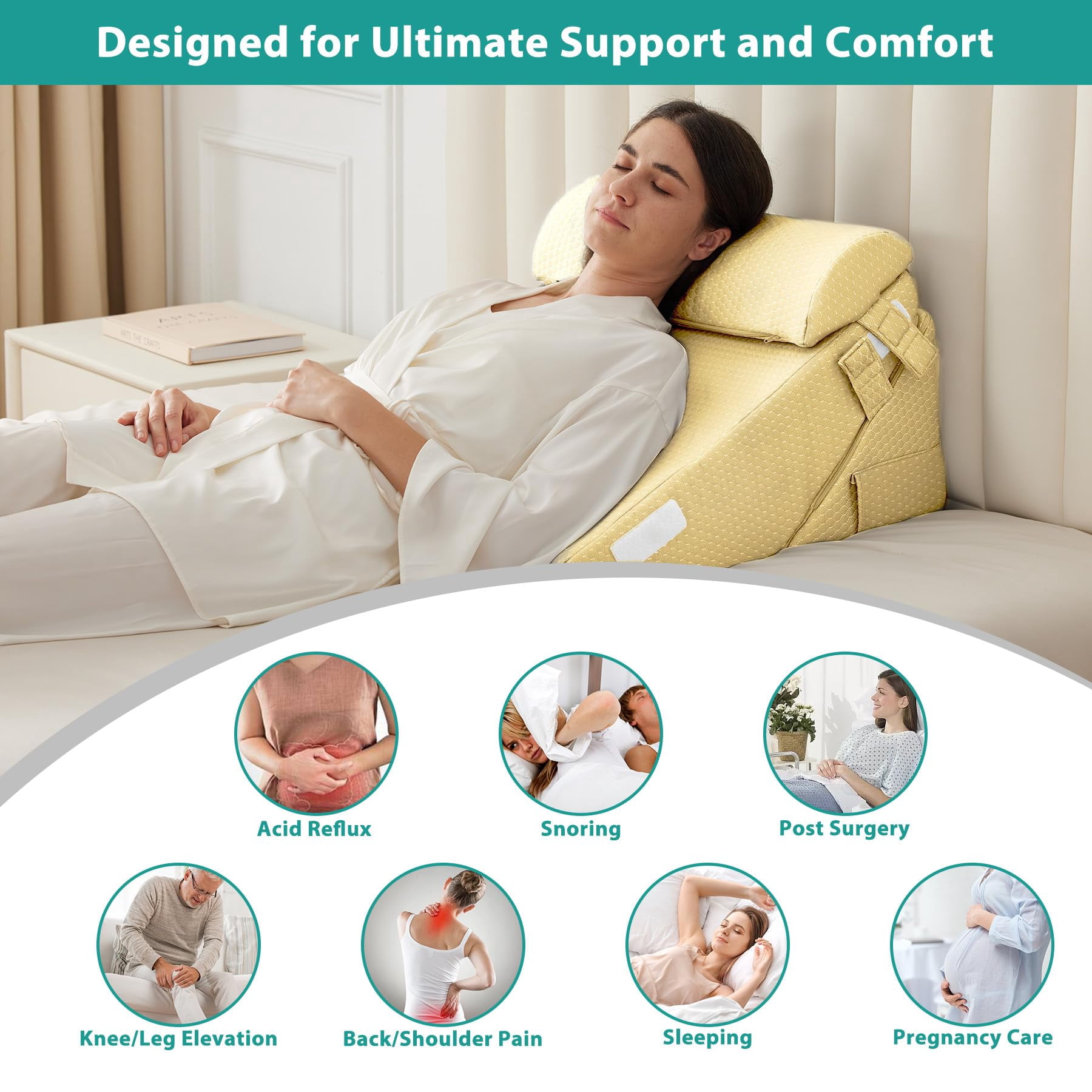 Adjustable 3pcs Bed Wedge Pillow Set  Memory Foam Pillows For Neck Leg Sleeping Sitting Up In Acid Reflux And Beige Yellow