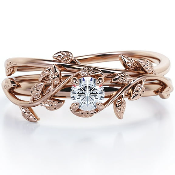 JeenMata 0.5 Carat 4-Prong-Set Leaf Vine Design Round Cut Moissanite Solitaire Wedding Ring Set in 18K Rose Gold Plating Over Silver