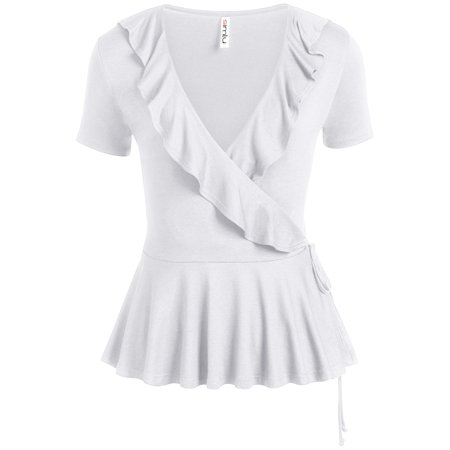 Ruffle Neck Wrap - Womens Deep V Neck Short Sleeve Wrap Tie Top Peplum Ruffle Shirt - USA