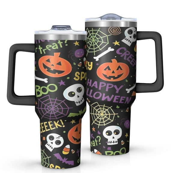 Halloween Spooky Words and Icons Pattern Tumbler with Handle and Lid,40oz Double Wall Vacuum Insulated Tumbler,Cups Gift for Women and Men