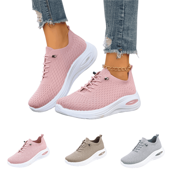 EKVAHL Women's Orthopedic Lace‑Up Tennis Shoes, Air‑Cushion Breathable Mesh Sneakers, Knit Wide Width Arch Support Gym Walking Sneakers Pink