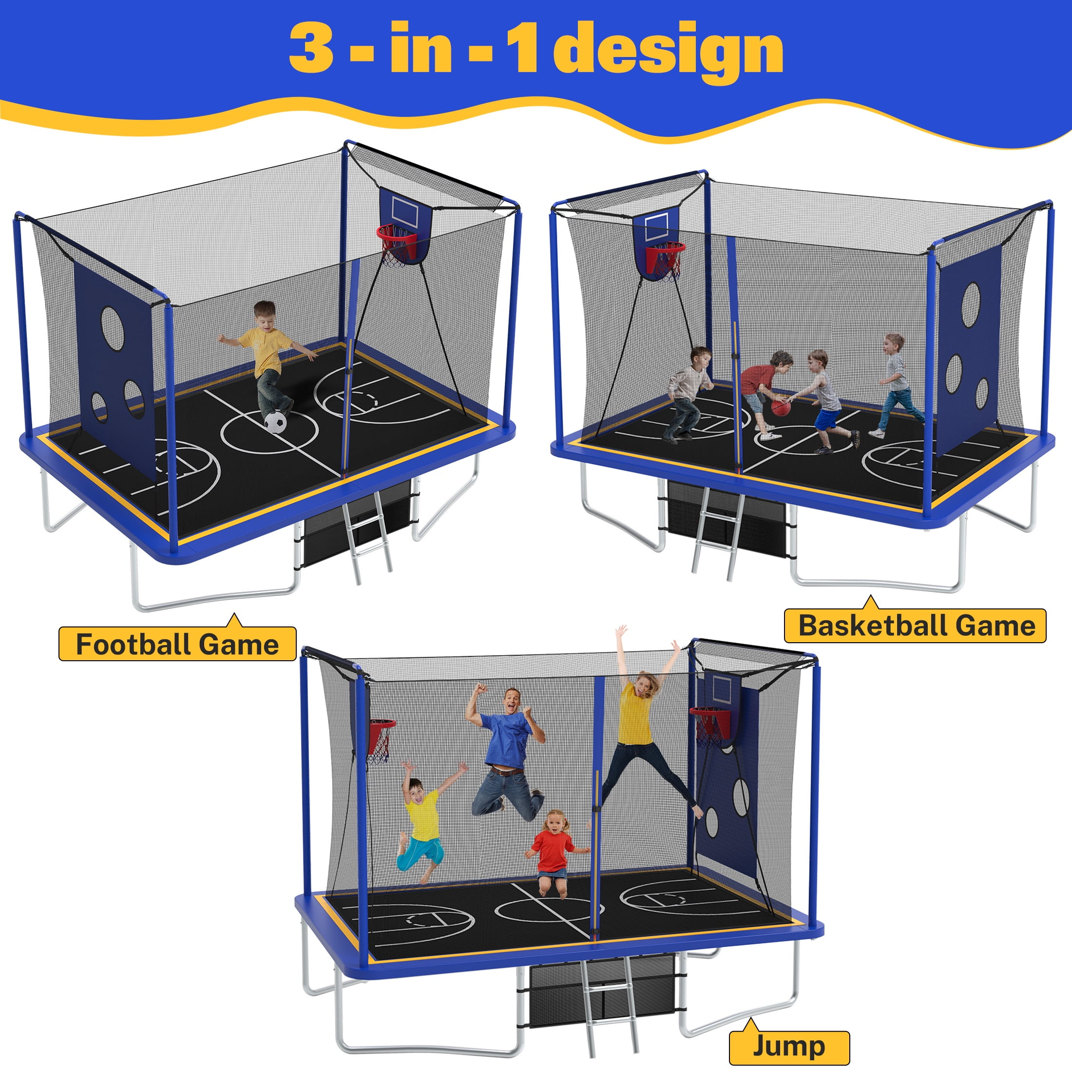 8X12FT Rectangular Trampoline with Enclosure Net, SEGMART Big Outdoor Rectangle Trampoline with Basketball Hoop, Large Square Trampoline 1322LBS Weight Capacity with Storage Bag for Kids, Adults
