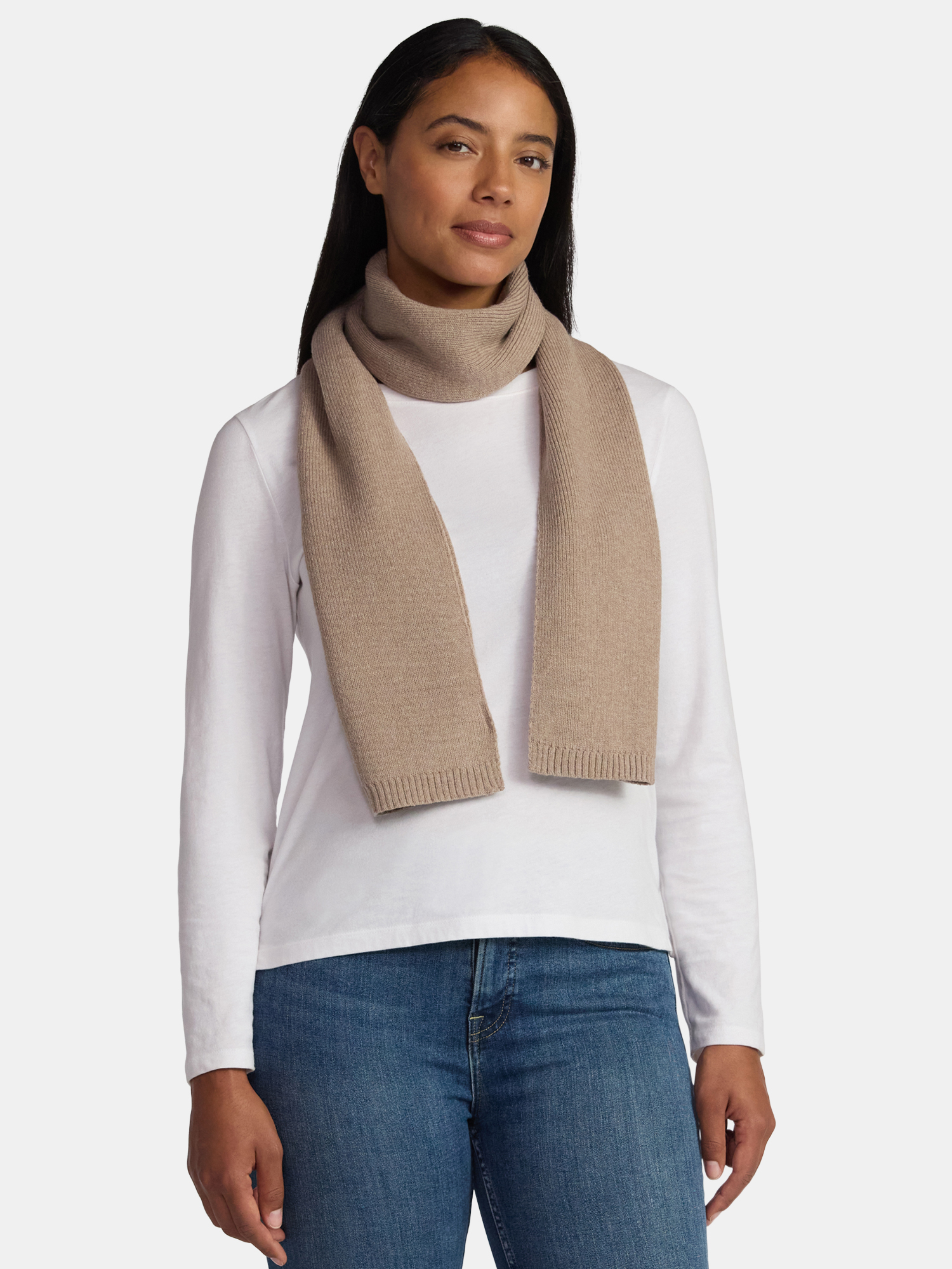 Time and Tru Women's Knit Scarf with Ribbed Trim, Toasted Heather