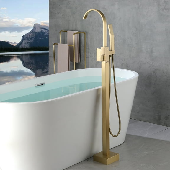 Dual Shower Heads Floor-Mounted bathtub faucet Claw design with 59in hose Handheld Shower,Using Pressure-Balanced Control,Hand Shower Mixer for Bathroom Sink,3 Holes Standing Tub Filler-Golden Brushed