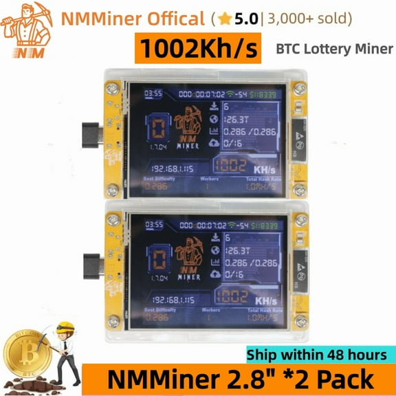 Bitcoin Miner NMMiner 2.8" Screen 1002Kh/s NerdMiner V2 BTC Solo Lottery Miner SHA256 Bitcoin Mining Crypto Lottery Machine Silent Mini BTC Lotto Miner Gift (2 Pack)
