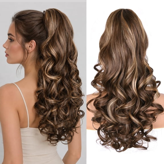 24 Inch Ponytail Extension, Clip on Ponytails for Women, Long Curly Wavy Ponytail Extensions for Women, Synthetic Layered Pony Tails Hair Extensions (Color: Chestnut Brown With Golden Highlights)