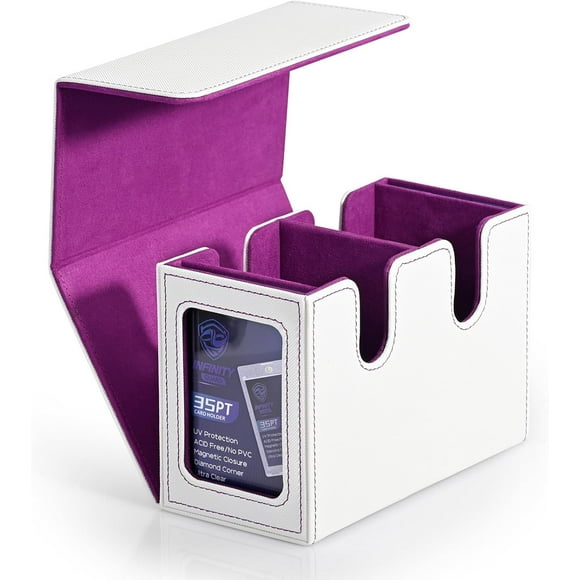 ERDS-MTG Deck Box with 2 Commander Display, Double Deck Box for 280+ Single Sleeved Cards, Leather Magnetic Card Storage Box Fits for TCG CCG Magic Cards (White&Purple)