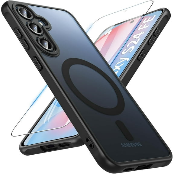 for Samsung Galaxy S24 FE Case 6.7'', Magnetic Galaxy S24 FE Case for Magsafe with Tempered Screen Protector [Shockproof Military] Translucent Matte Bumper Phone Cover Samsung S24 FE 5G, Black