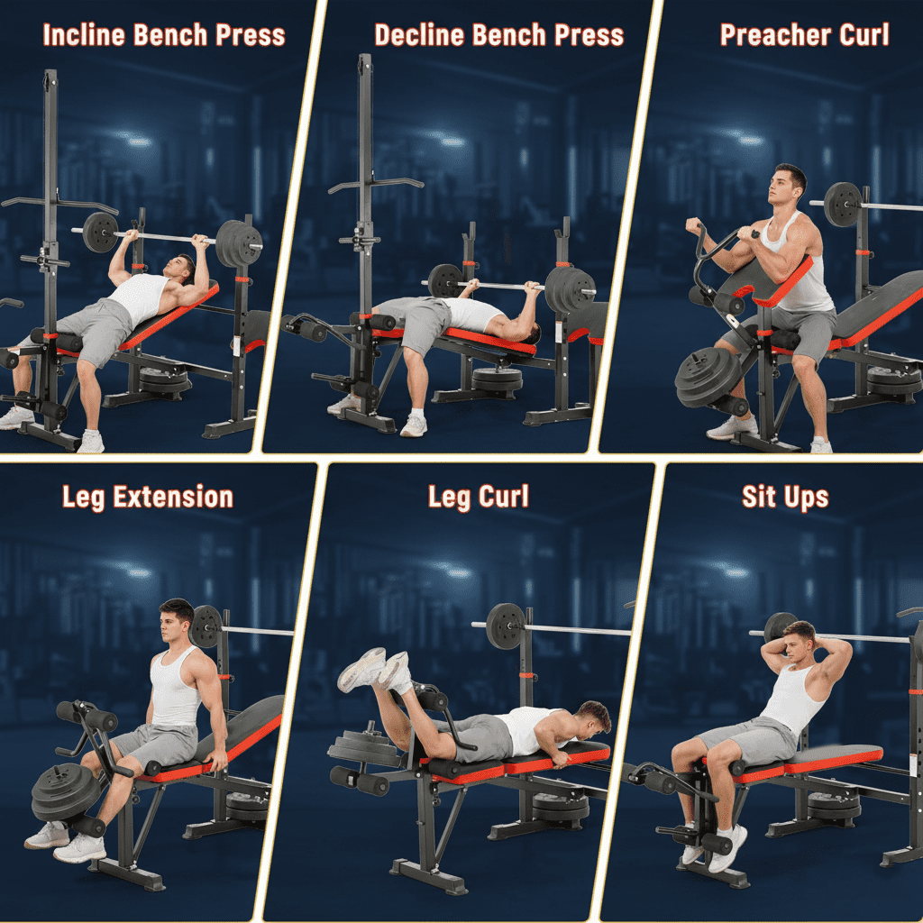PUATUL 1500 LBS  Adjustable Weight Bench Set with Lat Pulldown, Leg Extension and Leg Curl, Foldable Bench Press Station with Preacher Curl and Squat Rack, Safety Catches Workout Benches for Home Gym
