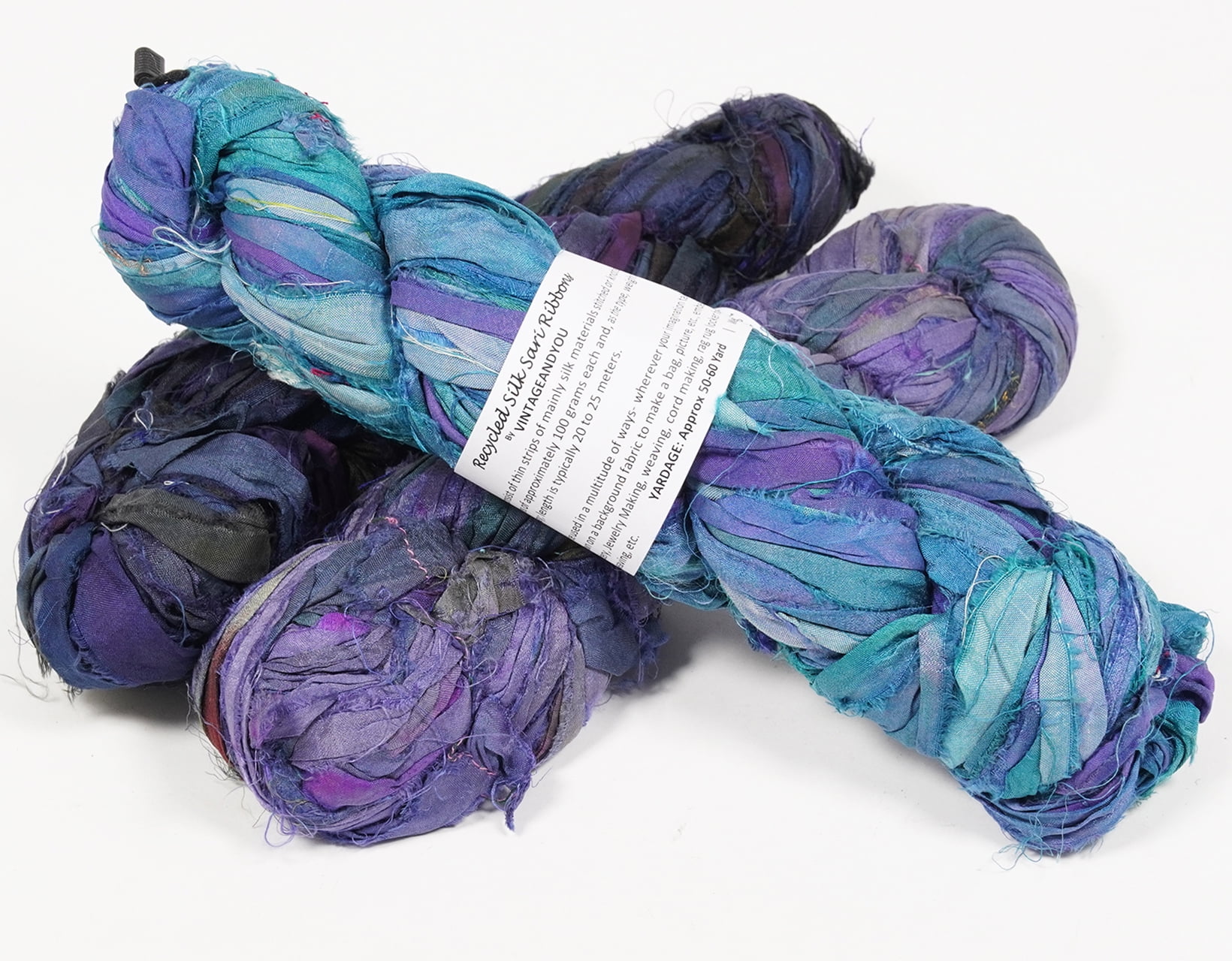 Vintageandyou Artisan Recycled Sari Silk Ribbon Yarn - 300g (3 x 100g Skeins) | Handmade Upcycled Silk Strips for Crochet, Macram, Weaving, Rug Hooking & Mixed Media Crafts | Blue
