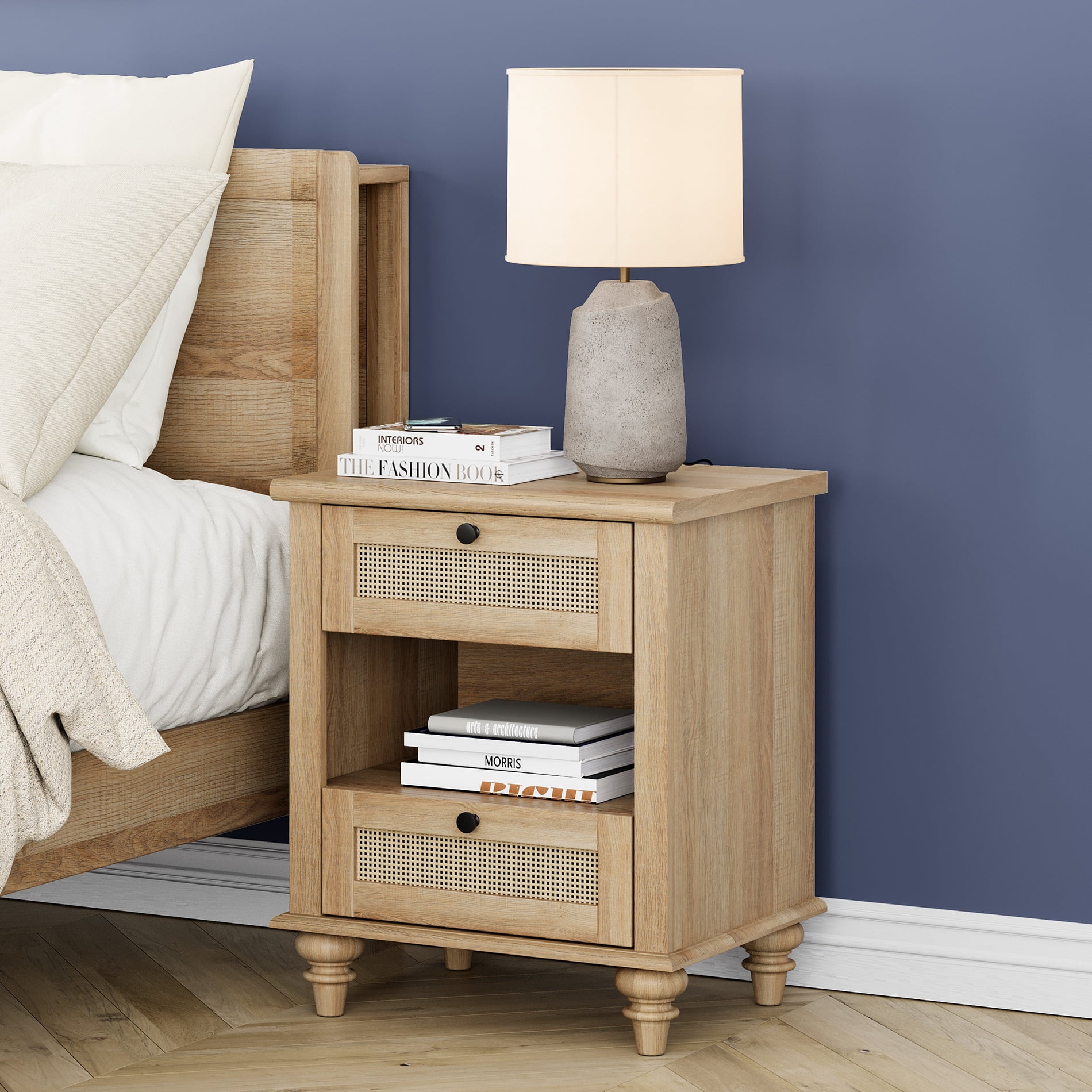 Rattan End Table with Charging Station for Living Room Bedroom, Wood Side Table Nightstand for Kids room, Light Oak