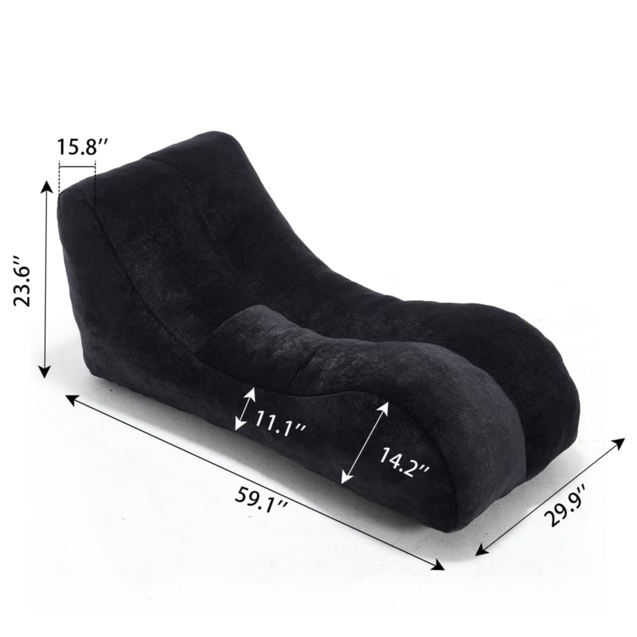 Pawverly Ergonomic Bean Bag Sofa Chair for Adults, 59-Inch Black Lounge Chair, Sponge Filled, Modern Curved Beanbag Sofa for Living Room & Bedroom