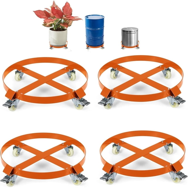 Ourlova Lot de 4 Chariot à 4 Roues 55 Gallons Robuste Capacité de 1000 Livres Chariot à Baril Caddy à Tambour avec Supports Croisés Roulettes Pivotantes Roue Conception Anti-Basculement Chariot à Baril avec Frein pour