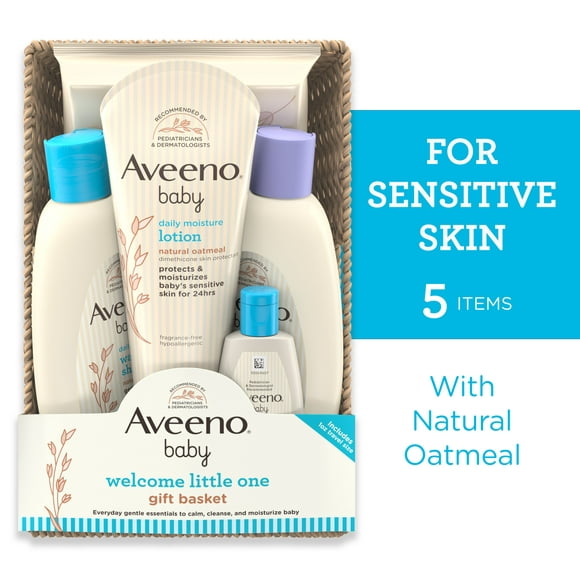 Aveeno Baby Welcome Little One Sensitive Skin Gift Set with Baby Wash, Shampoo, Wipes and Lotion, 5 full size items