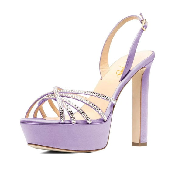 XYD Women Classic Round Open Toe Platform Sandal Rhinestone Cross Strap Chunky High Heel Party Slingback Shoes Size 7 Purple