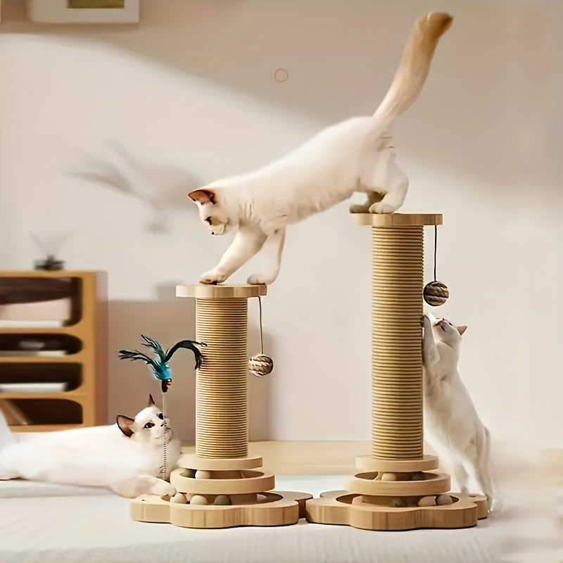 Multi-Level Scratching Post & Climbing Tower 20in With Sisal, Cat Toy Scratching Post, Cat Climbing Frame With Hanging Balls And Feather Wand, Suitable For Indoor Cats' Exercise