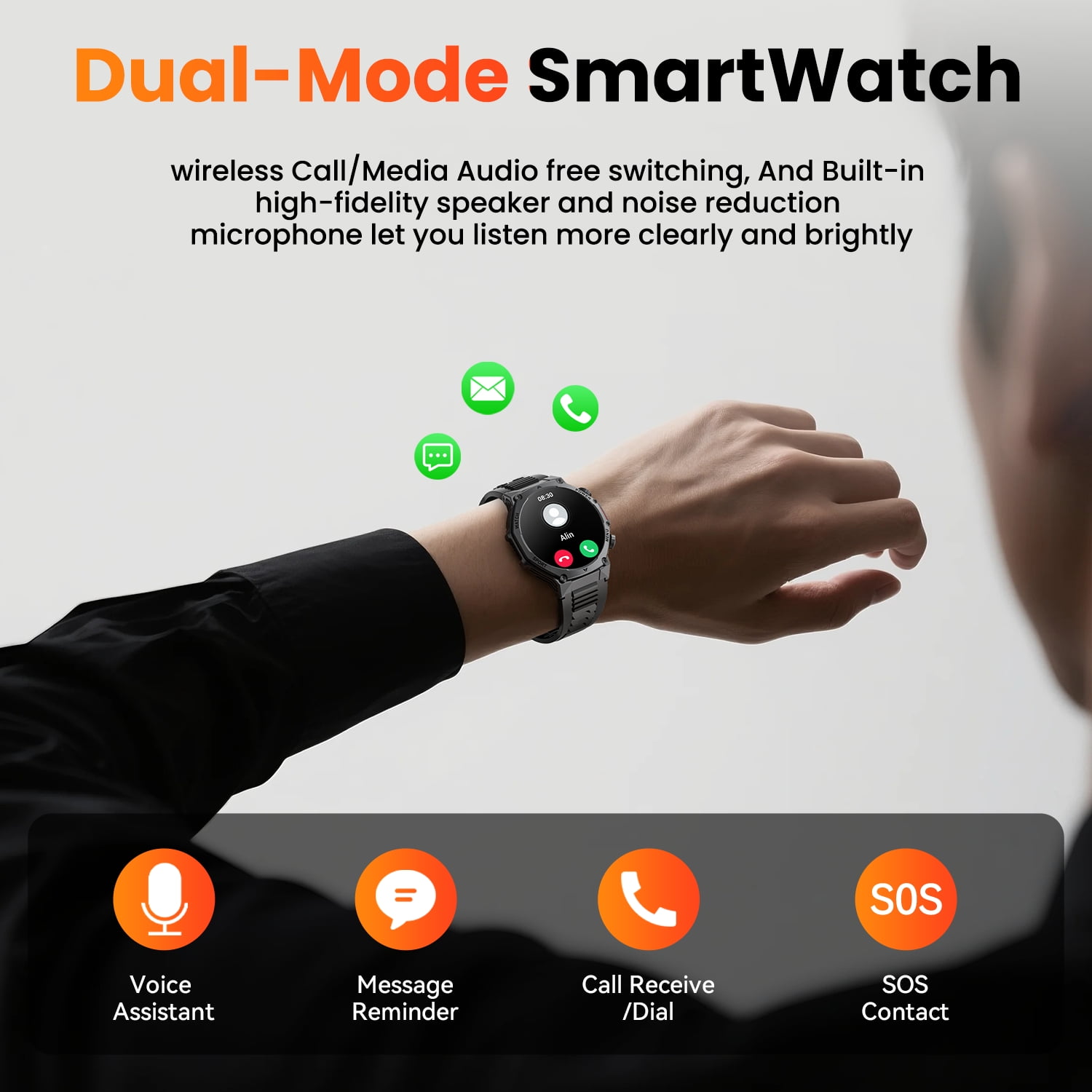 1.8-inch Military Men's Smartwatch fits for Android IPhone Devices with Fitness Tracker, Answer/Call/100 Multi-Sport Mode, IP67 Waterproof Sports Step Tracker (Black)