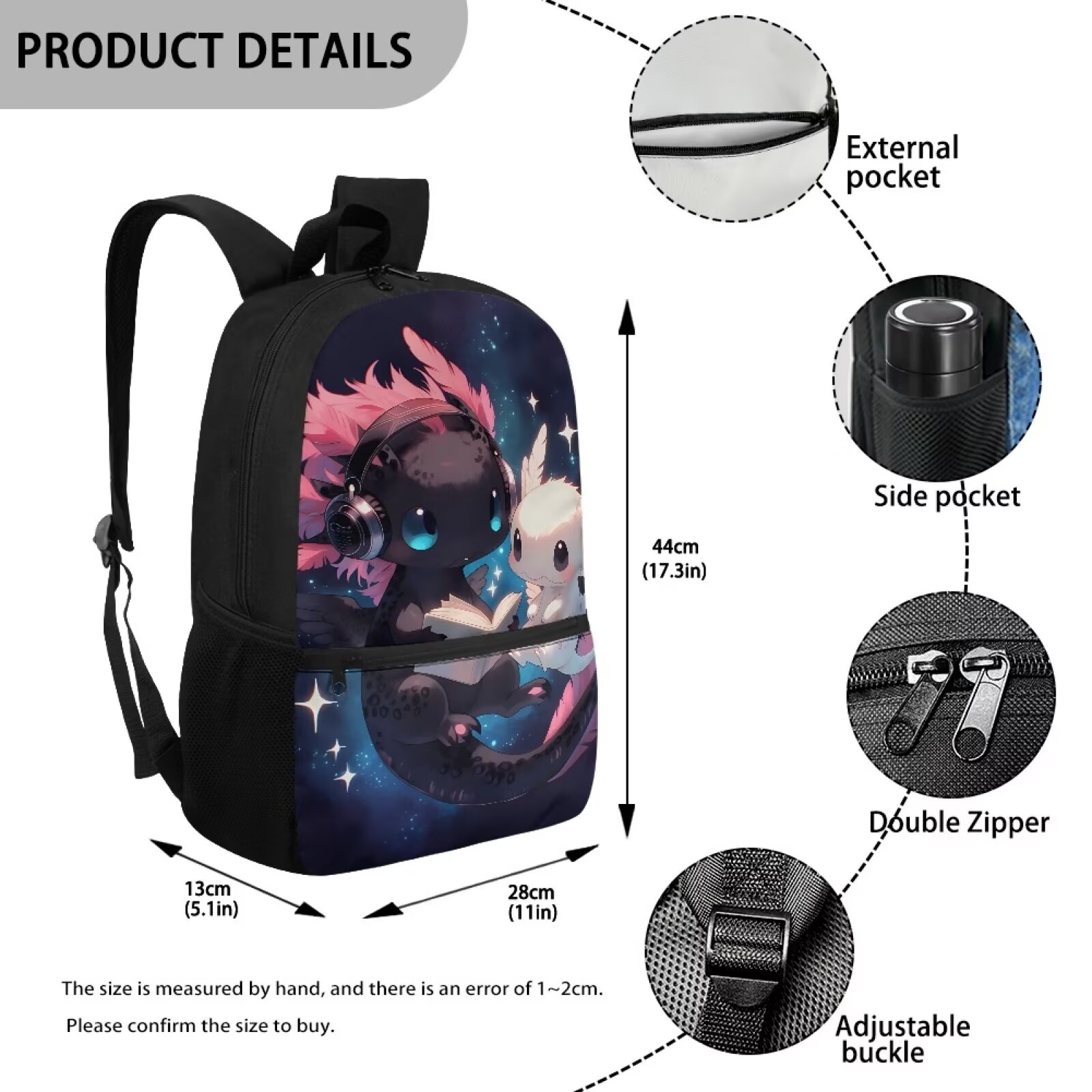 Mochila escolar para niños con estampado de ajolote galaxia, 17 pulgadas, gran capacidad, compartimento para laptop, correas ajustables, regalo para inicio de clases 5