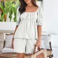 thumbnail image 3 of CHGBMOK Women Summer Linen 2-Piece Set Outfits Square Neck Short Puff Sleeve Tops and Shorts (White,M), 3 of 8