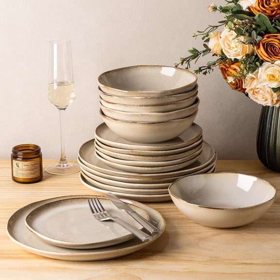 Stoneware Dinnerware Sets for 4, 12 count Rustic Earthenware Plates and Bowls Set, Reactive Ceramic Plate Sets, Chip Resistant Dishes, Microwave & Dishwasher Safe, Oatmeal Linen