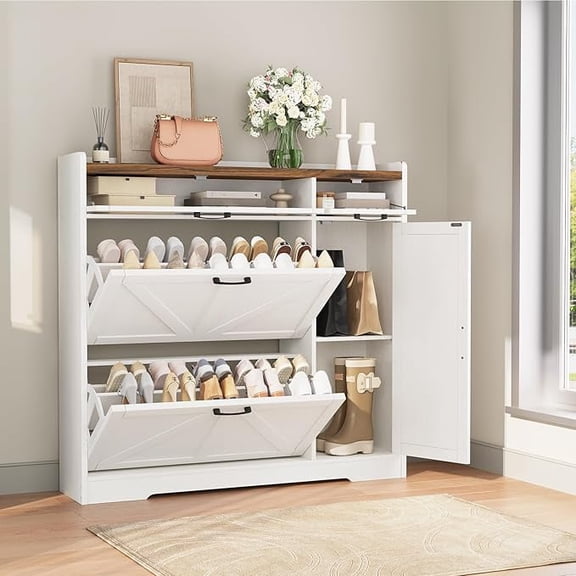 HOOBRO Farmhouse Shoe Cabinet with 2 Flip Drawers & Adjustable Side Cabinet, White and Walnut