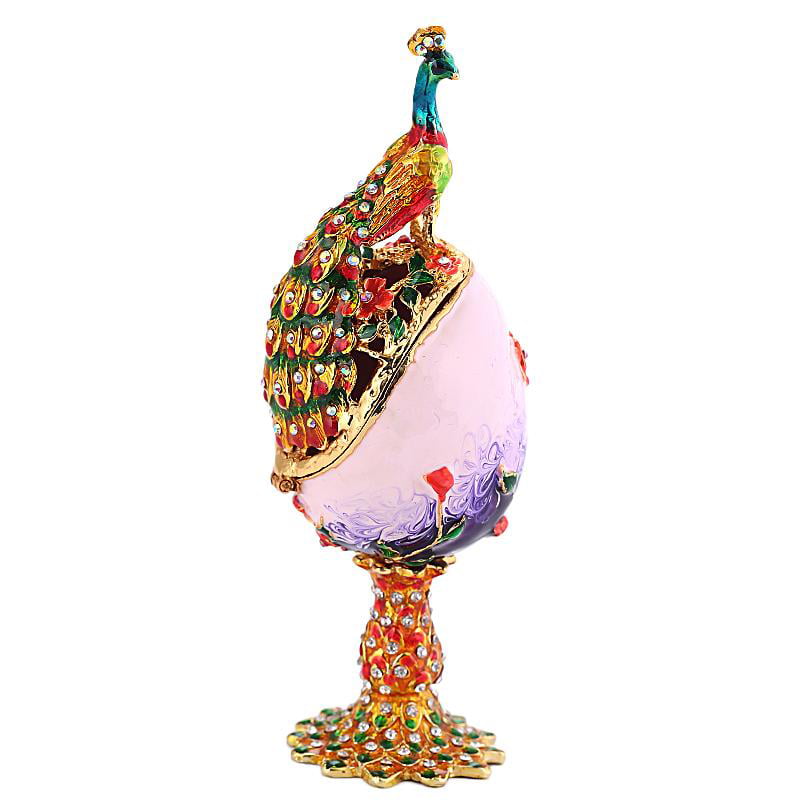 Colorful Crystal Enameled Peacock Egg Trinket Box Jewelry Box Easter Decor 