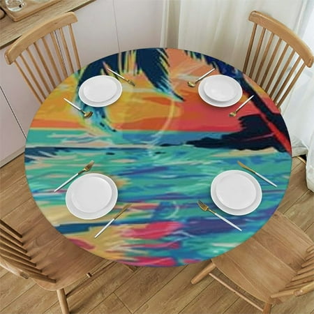 

Ullo0ord Tropical Beach Theme Round Table Cover Elastic Edge Palm Trees and Sunset Pattern Waterproof Wipeable Round Table Cover for Indoor Outdoor Patio Use 38 -42