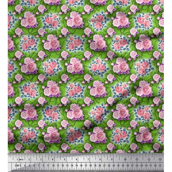 Soimoi Rayon Crepe Fabric Leaves & Rose Floral Print Sewing Fabric Yard 46 Inch Wide