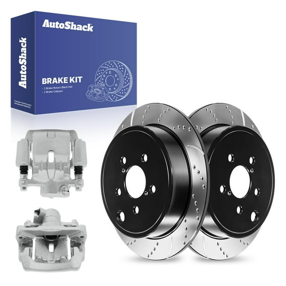 AutoShack Rear Solid Drilled & Slotted E-Coated Brake Rotors   Calipers 4-PC Brake Kit Replacement for 2008-2014 Subaru Impreza 2009-2013 Subaru Forester ShadowGuard 11.25" (285.8 mm)