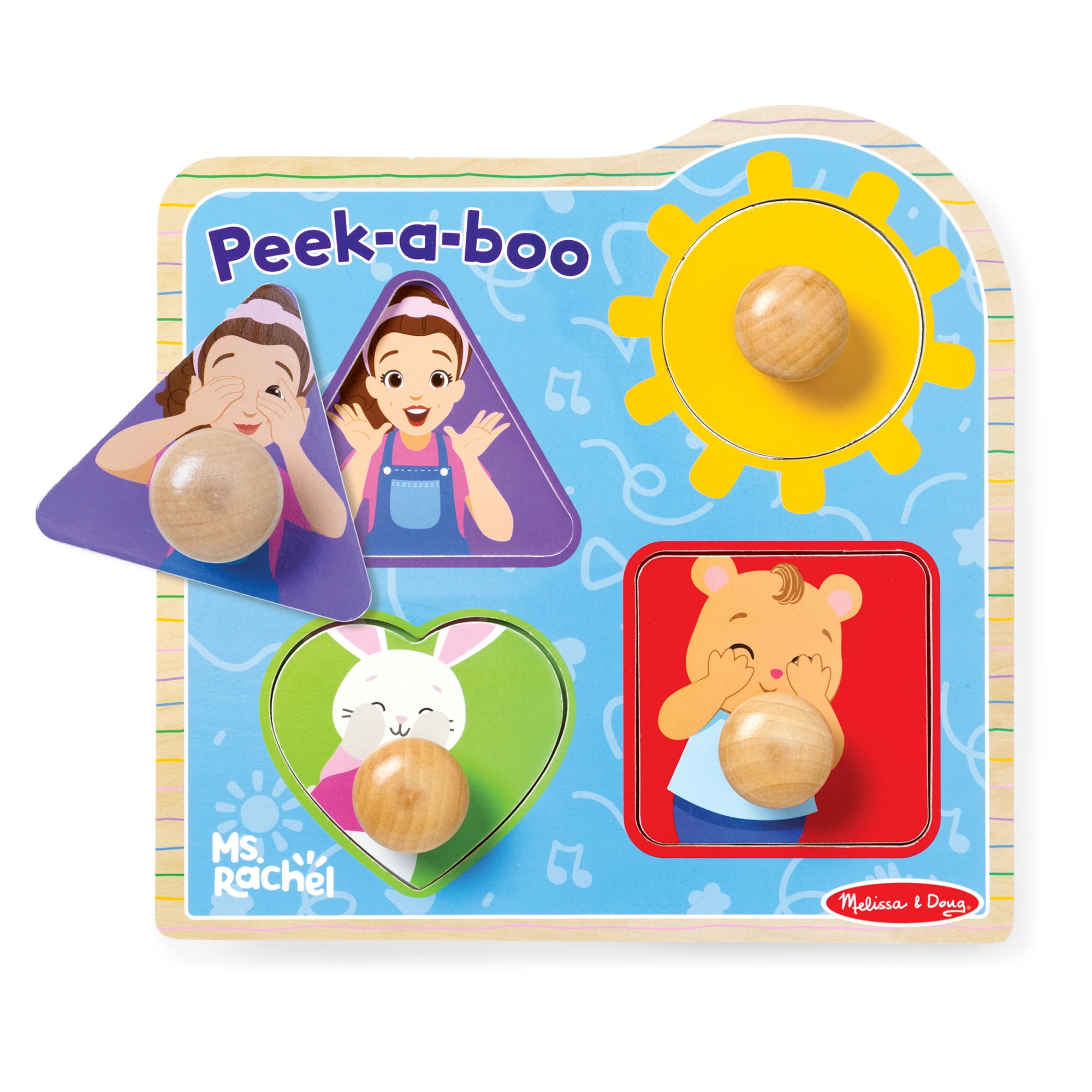 Melissa & Doug® Ms. Rachel™ Wooden Peek-a-Boo Jumbo Peg Puzzle, 4-Piece with Mirror, Toddler Toys Ages 1+ Years