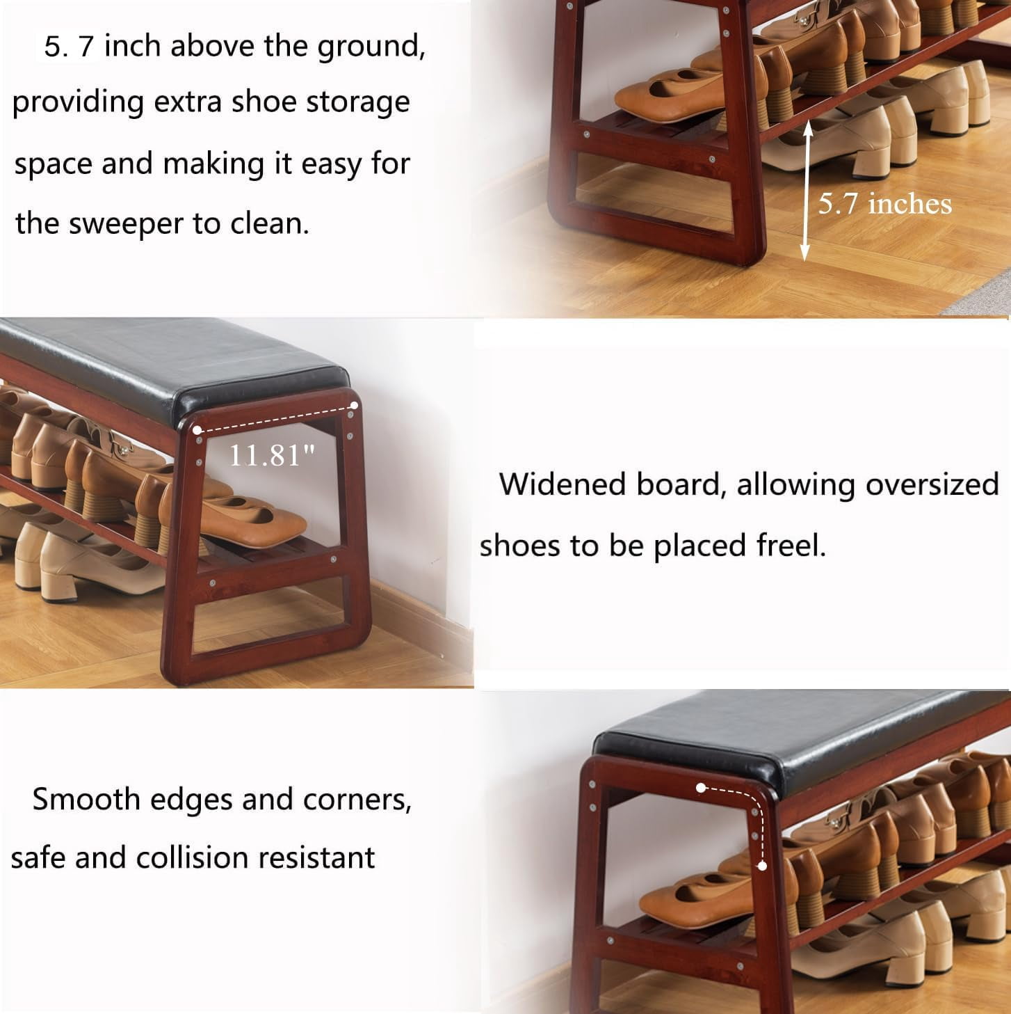 Solid Wood Shoe Bench, 2-Tier Wooden Entryway Bench, Modern Shoe Rack with Faux Leather Cushion for Hallway, Living Room