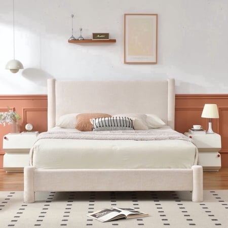 VELOCAVA Queen Size Bed Frame with Velvet-like Upholstery, Wide Panel Headboard, Cream White