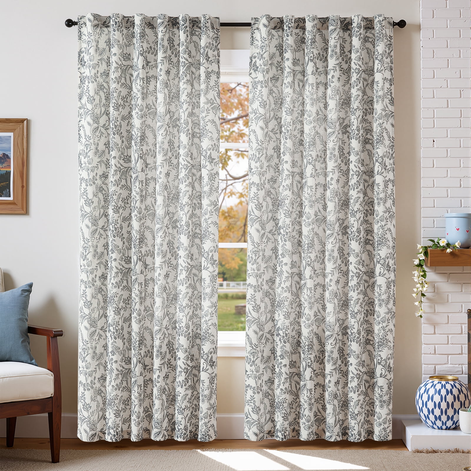 Curtainking Floral Curtains Linen Farmhouse Curtains for Living Room 84 inch Country Curtains Back Tab Semi Sheer Curtains Light Filtering 2 Panels Black on Beige