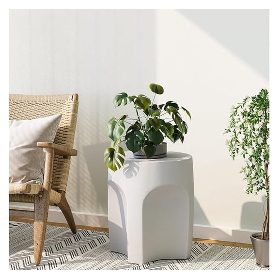 Outdoor Side Tables, 17" H Concrete Accent End Table, Indoor Small Round Patio End Plant Stands Outside, Garden Stools for Yard, Arch Shape Spotted White