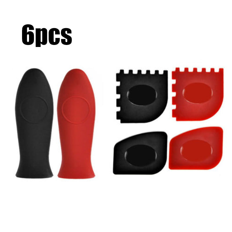 New Durable 6 Pack Grill Pan Scrapers Silicone Hot Handle Holder Red/Black 