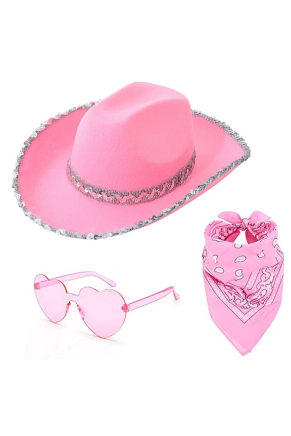 Double Sequin Wrapped Border Western Pink Cowboy Hat 3 Piece Set Glasses Square Scarf Silk Scarf
