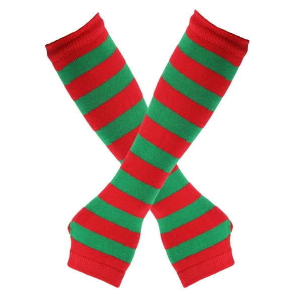 Firefly Hope Women Striped Long Fingerless Gloves, Winter Knitted Arm Warmers For Punk Rock/Cosplay/Goth/Christmas Party -Red Green A