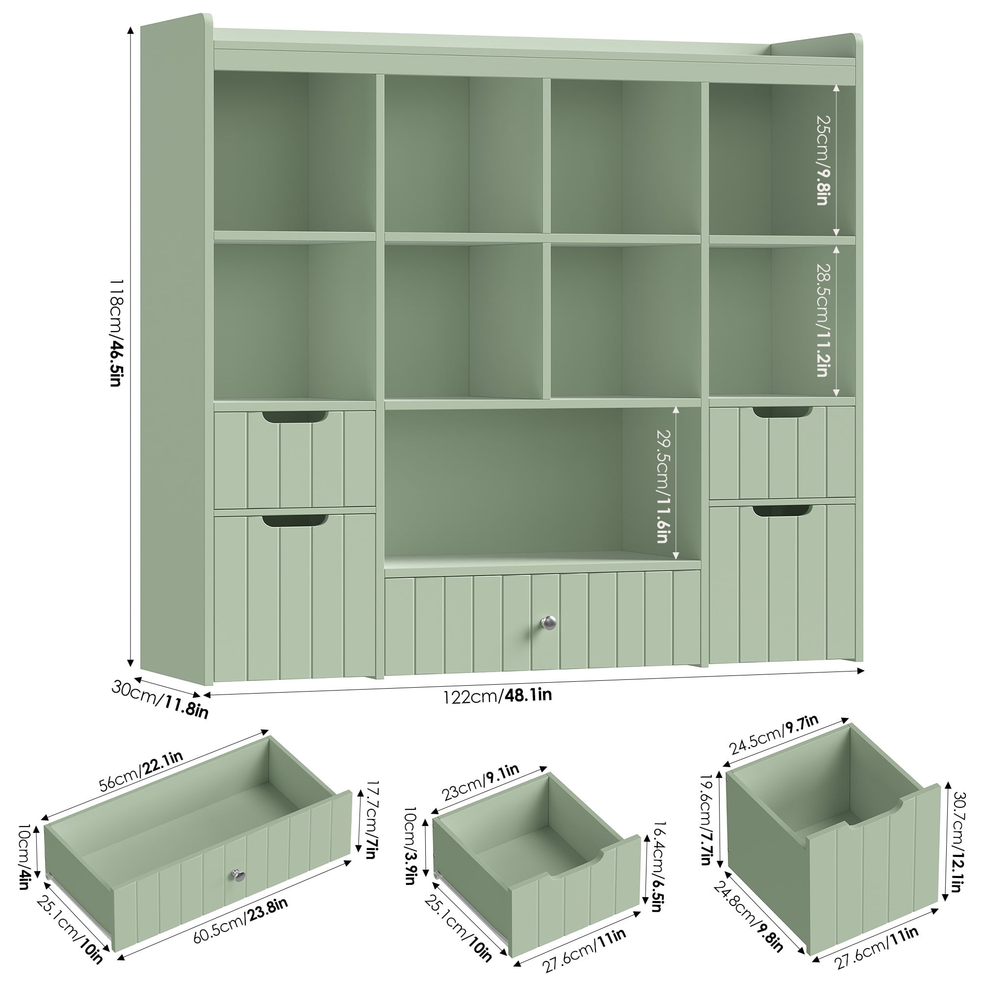 Homfa Kids Toy Storage Organizer with Cubby, Kids Toy Storage Chest with Removable Drawers, Kids Bookcase for Playroom Bedroom Living Room, Green