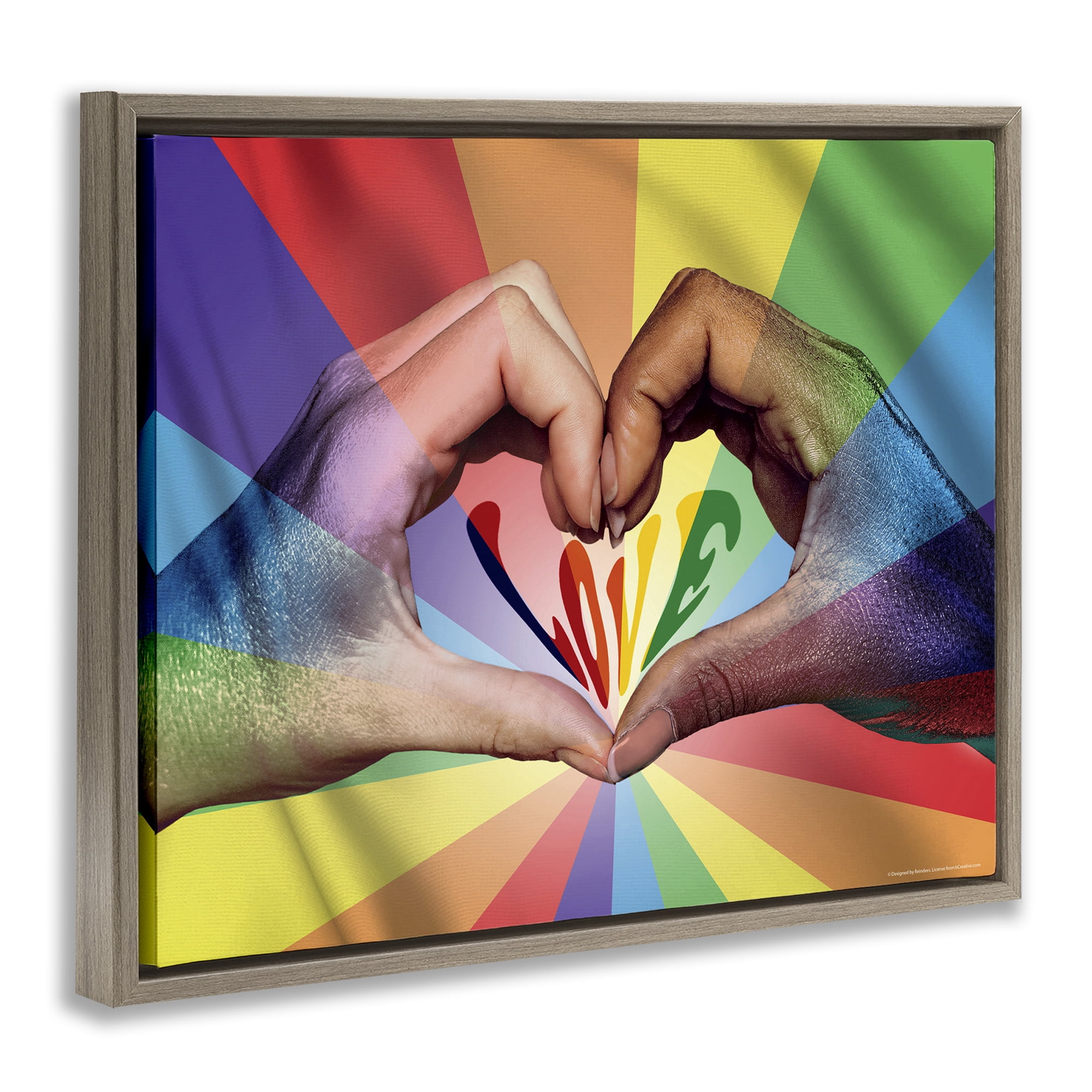Stupell Industries Rainbow Love Hands Symbol People Painting Brown Floater Framed Canvas Art Print Wall Art, 31 x 25