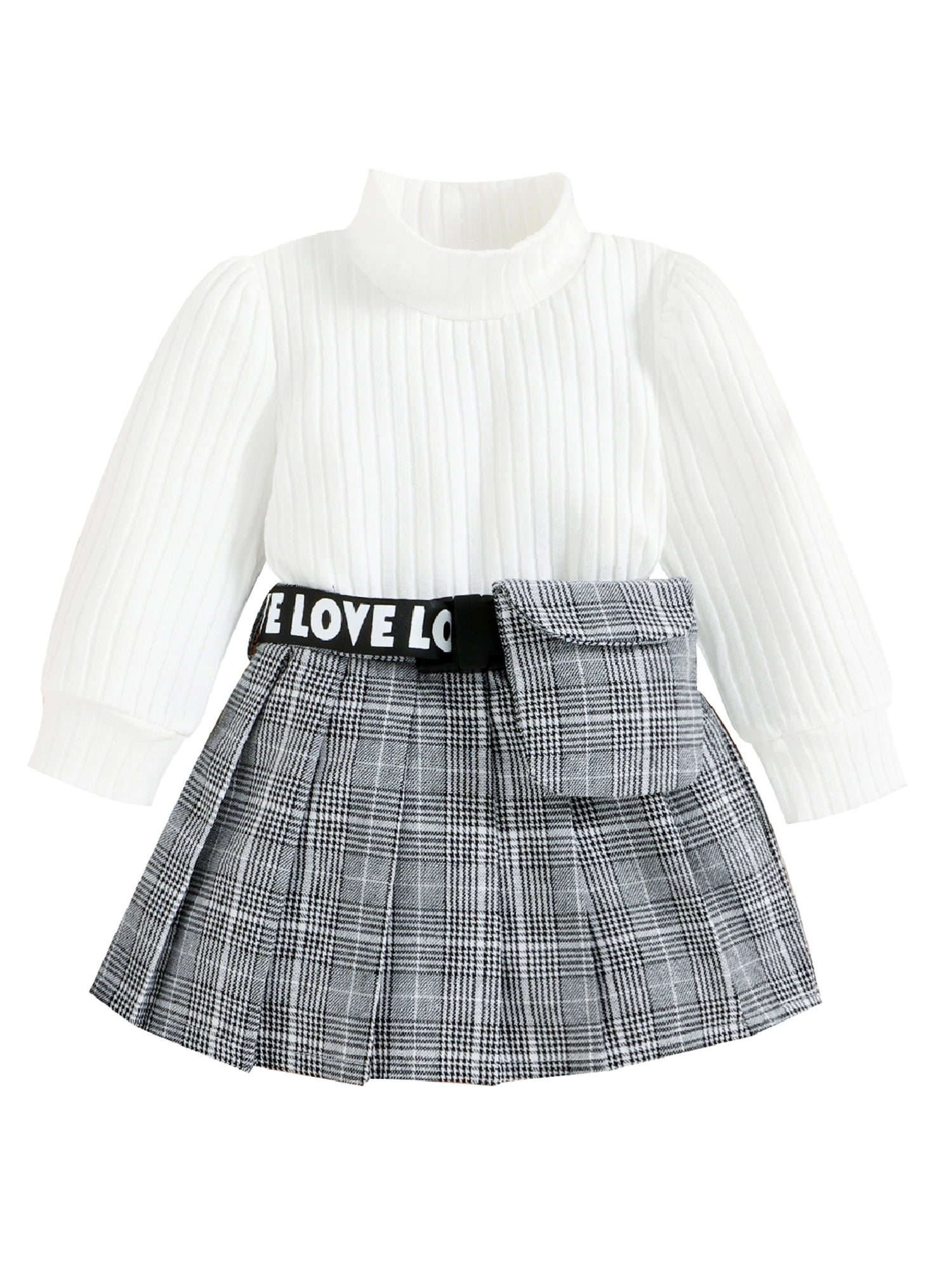 Musuos Baby Girl Turtleneck Ribbed Long Sleeve Sweater Tops Plaid Skirt