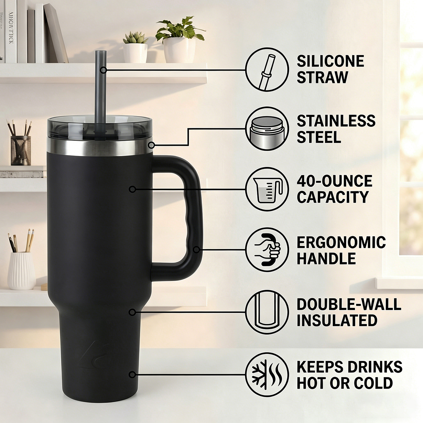 (Paquete de 6) Vaso aislado de acero inoxidable de 40 oz con asa, negro, Ozark Trail 4